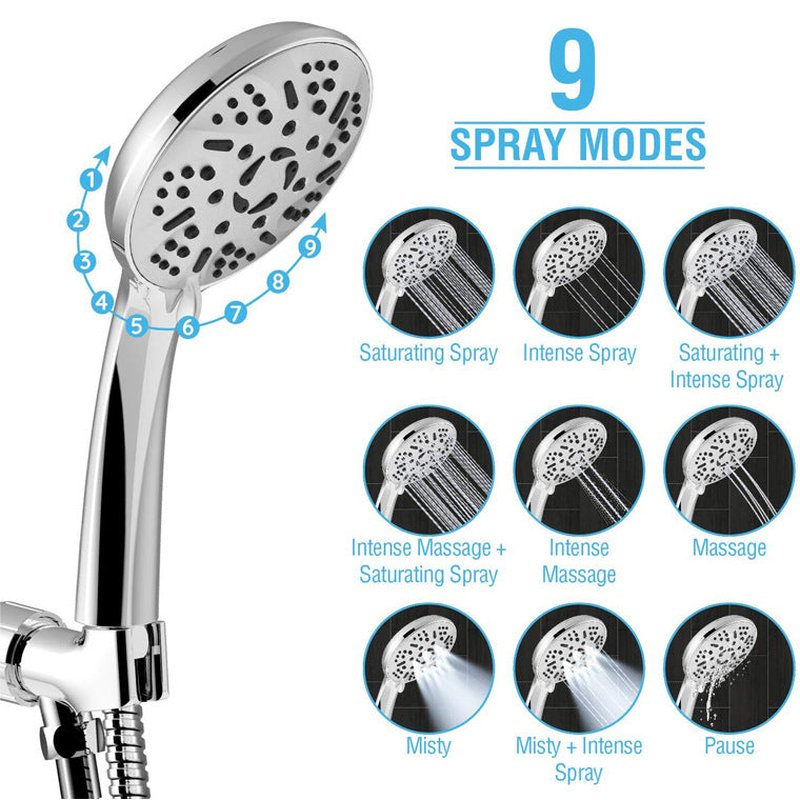9-Function Handheld Shower Set with Stainless Steel Top Spray & Extension Rod