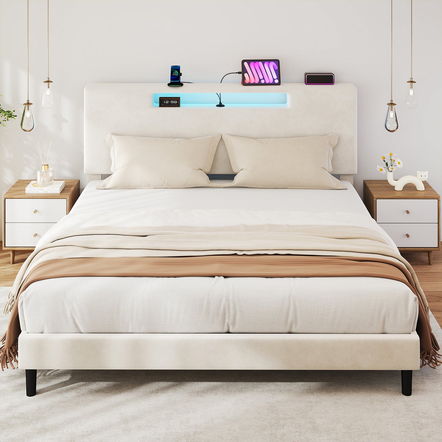 King Size Bed Frame Upholstered High Headboard Mattress Foundation