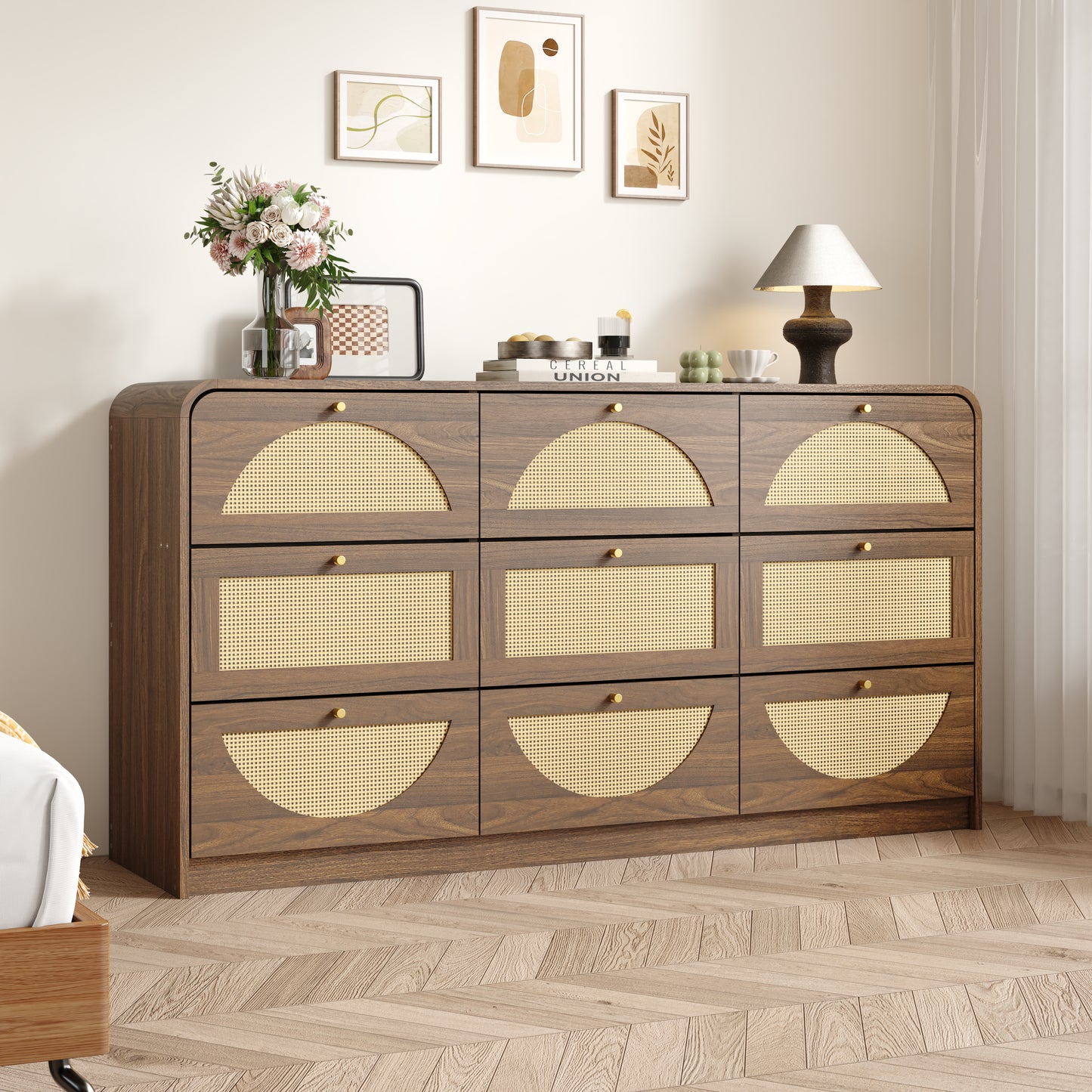 Modern 9-Drawer Dresser with Rattan Front - Walnut Finish