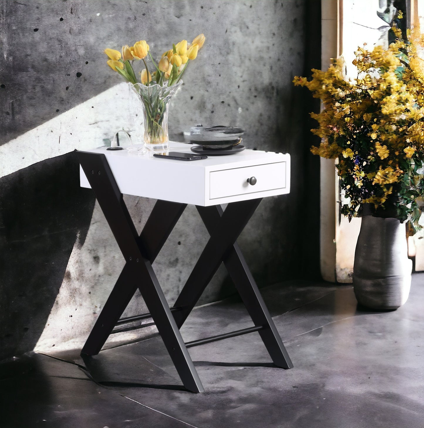 Fierce White and Black Accent Table with USB Port
