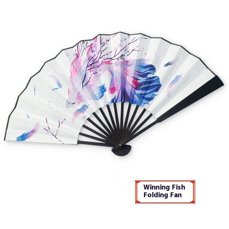 Antique Han Chinese Folding Fan with Bamboo Handle - Multiple Sizes