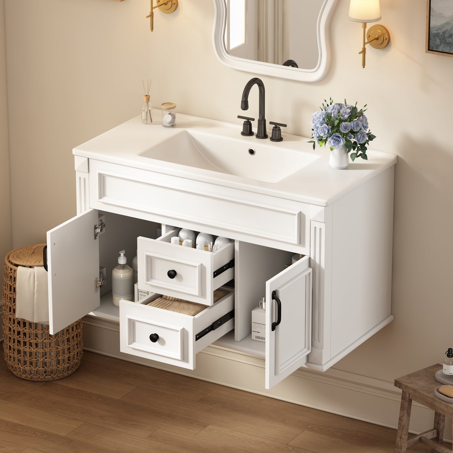 36-Inch Wall-Mounted Bathroom Vanity with Ceramic Sink - White