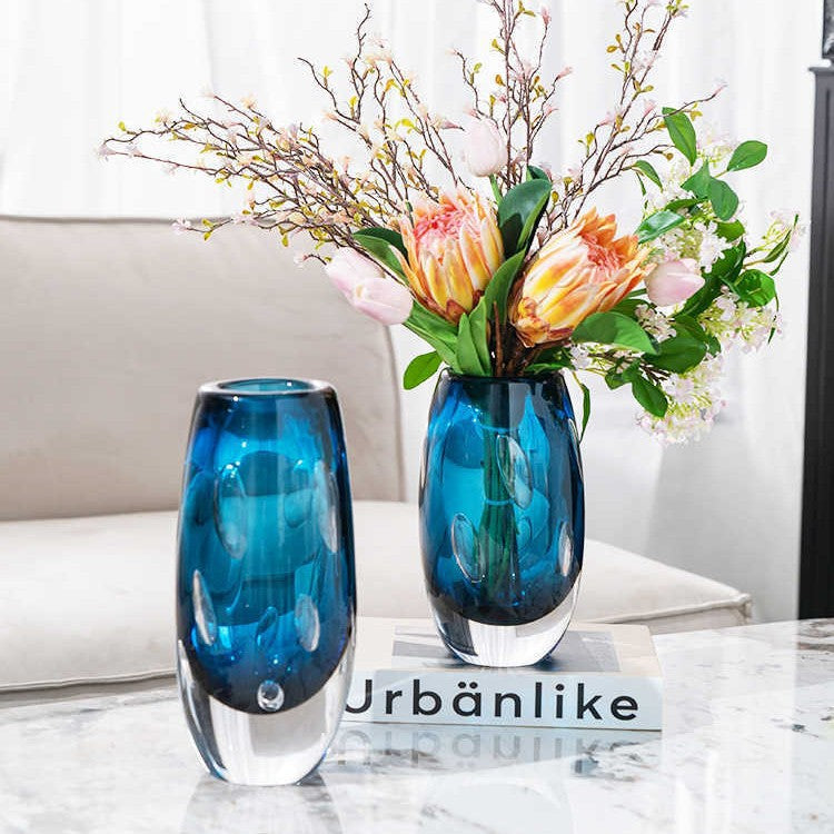 Decorative Glass Flower Vase for Showroom & Living Room - Blue Bubble Style