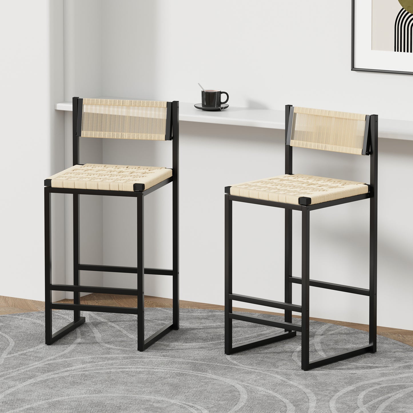 Set of 2 Woven Bar Stools with Backrest - Creamy White
