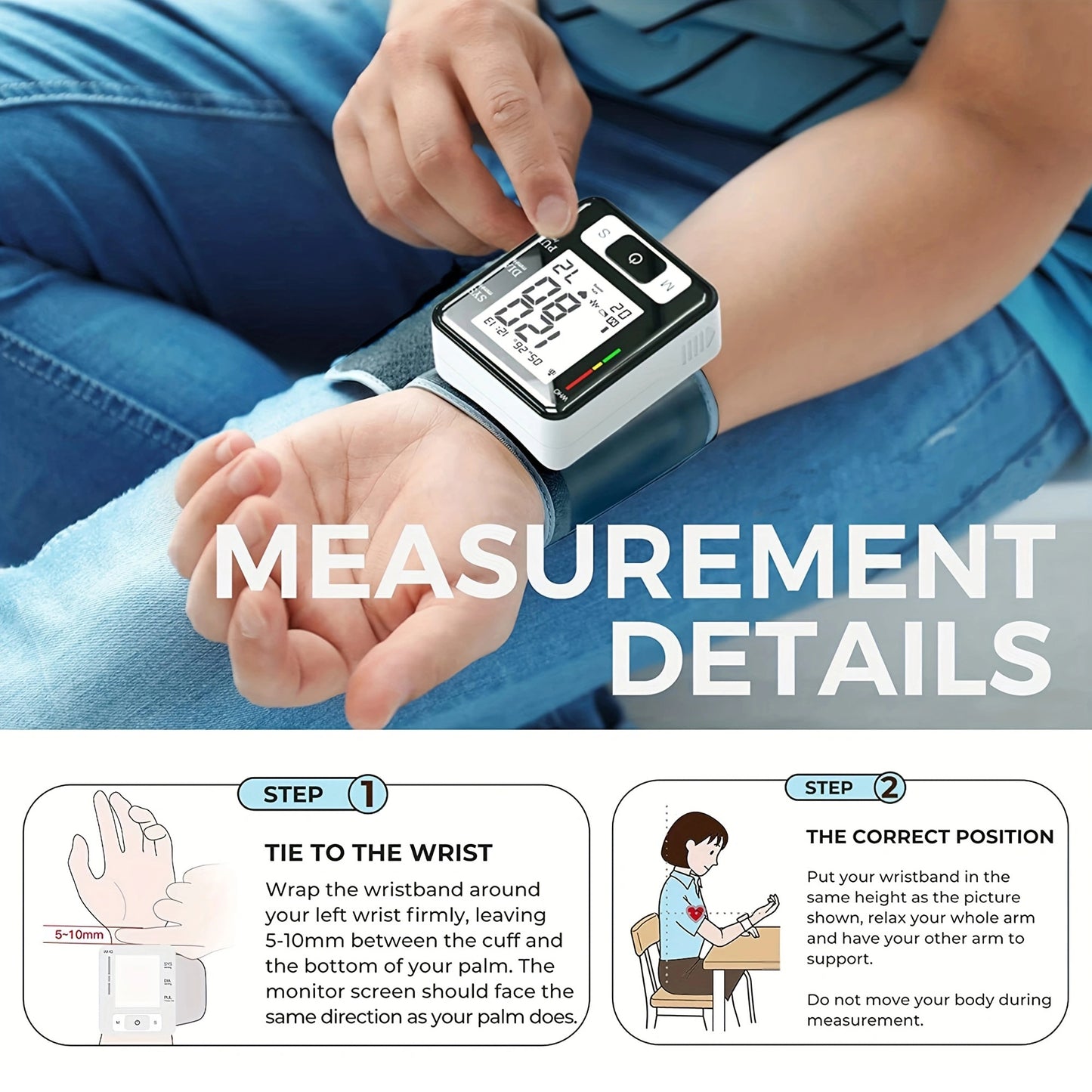 Automatic Wrist Blood Pressure Monitor with Adjustable Cuff and Memory