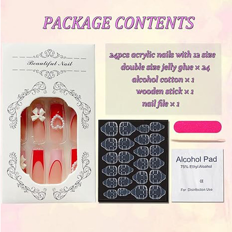 Strawberry Bow Press-On Nails - Long Square False Nail Tips, 24 Pieces