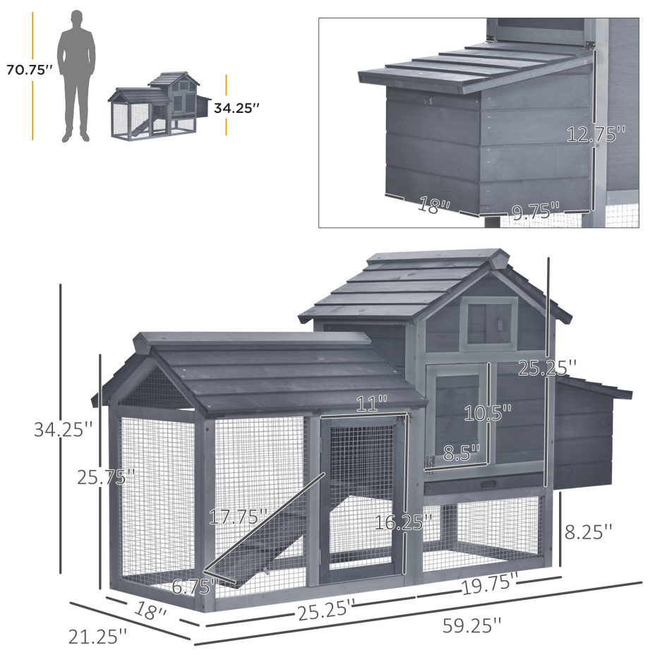 Outdoor Wooden Chicken Coop Kit Gray Enclosed House with Ventilation - 59 Inch