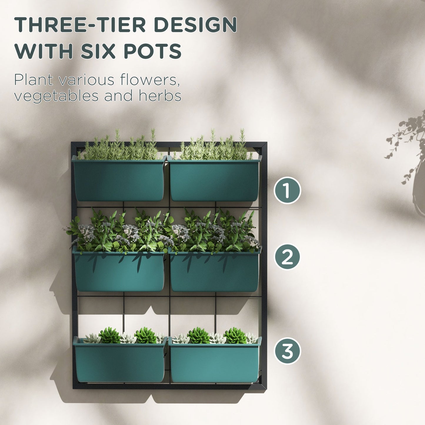 3-Tier Wall-Mounted Plant Holder with 6 Pots for Indoor Outdoor Gardening