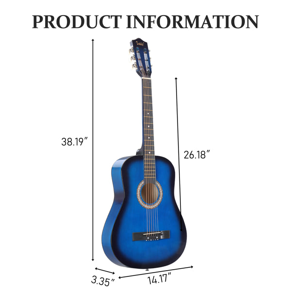 Blue 38-Inch Acoustic Guitar Set with Picks, Strings, Case & Tuner