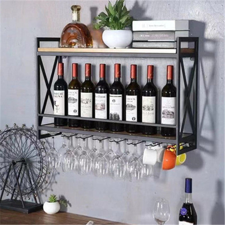 Solid Wood Wall-Mounted Wine Rack - Black, 60x20x53cm Home Storage