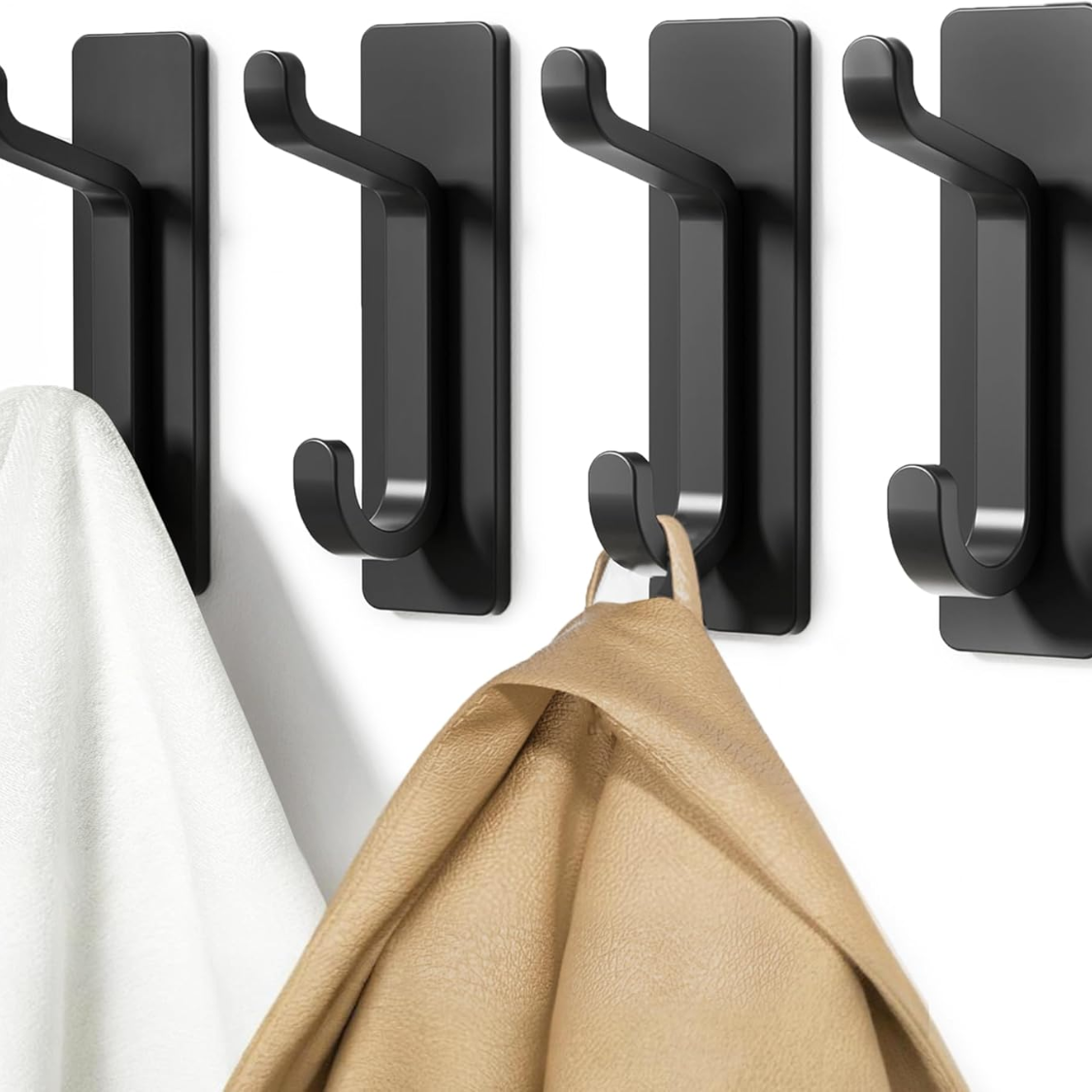 Heavy Duty Adhesive Wall Hooks 4 Pack - Black, 13LB Hold, Double Hook Design