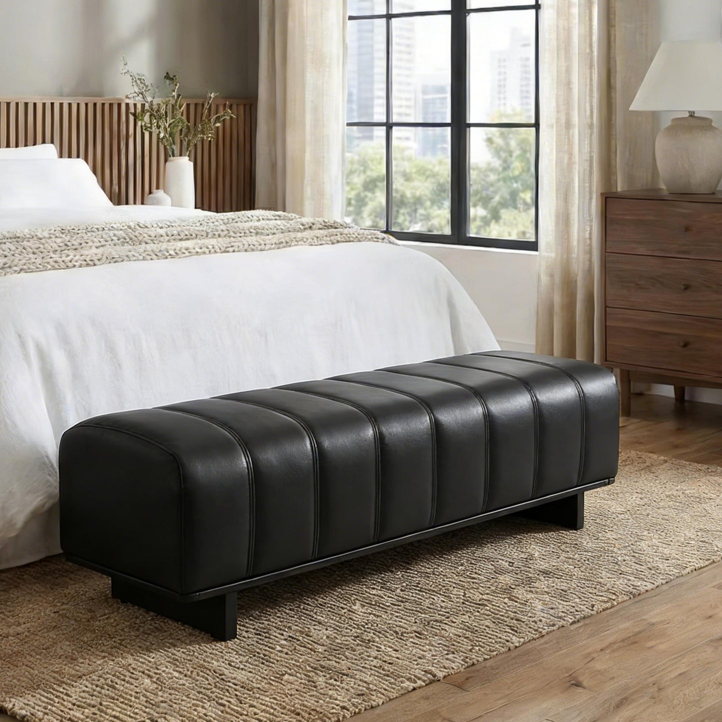 Indoor Dining Bench - Black PU Fabric with Rubber Wood Legs