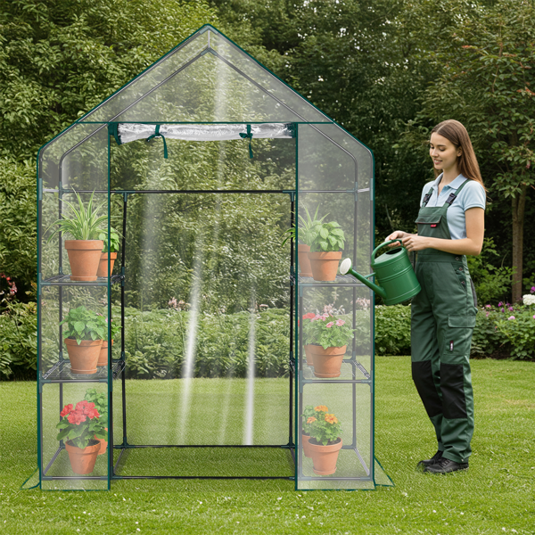 Mini Walk-In Greenhouse with PVC Cover, 4-Shelf Indoor Outdoor Garden Greenhouse 56x29x77 Inches