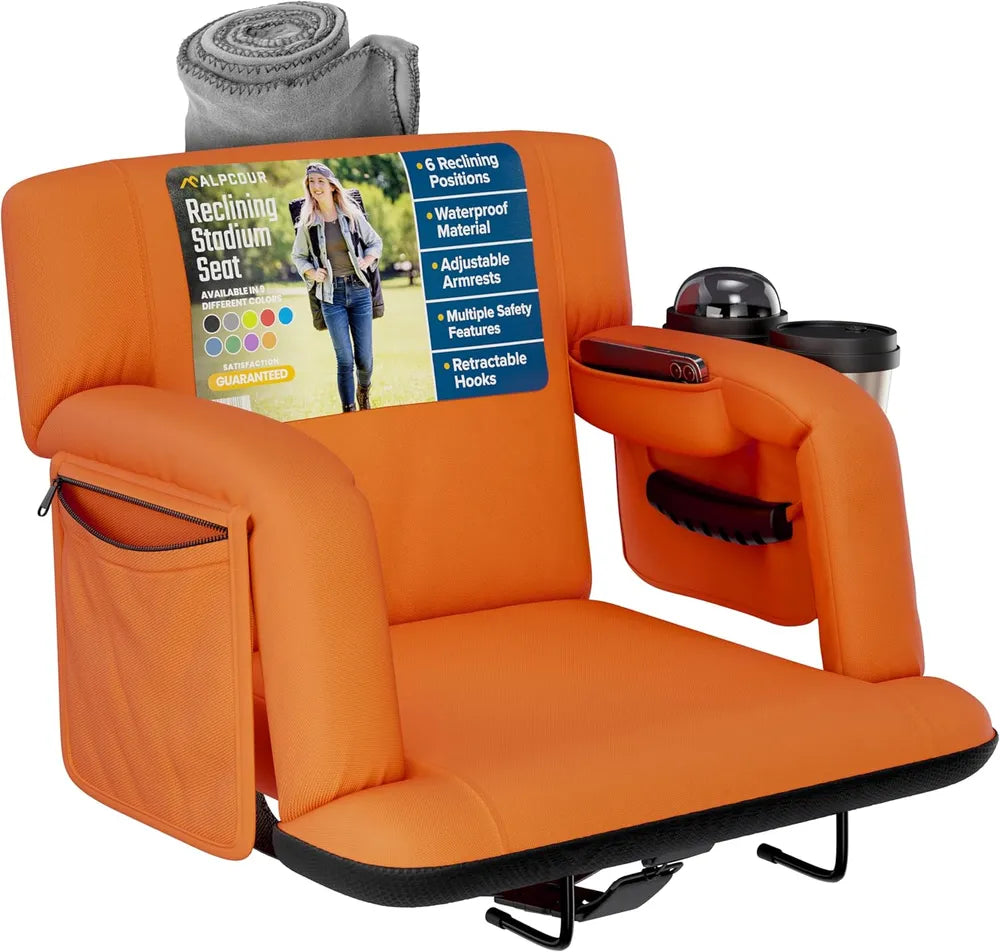 Premium Reclining Stadium Seat with Back Support - Orange 21" Wide