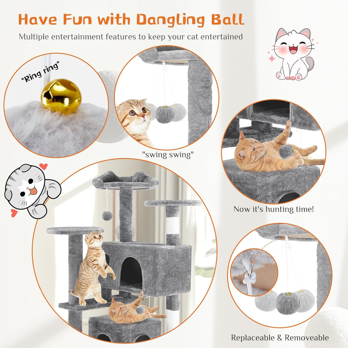 Multi-Level Cat Tree Tower with Sisal Posts, Plush Toys, and Play Areas