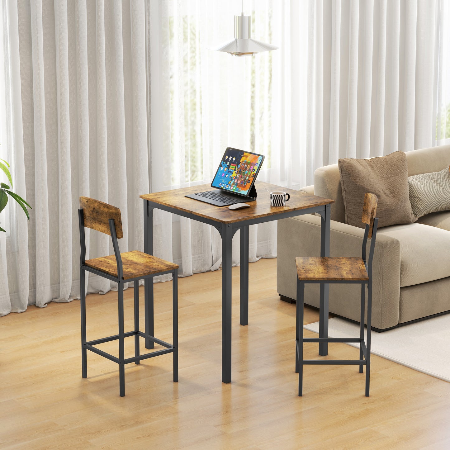 3-Piece Rustic Brown Dining Table Set with 2 Stools
