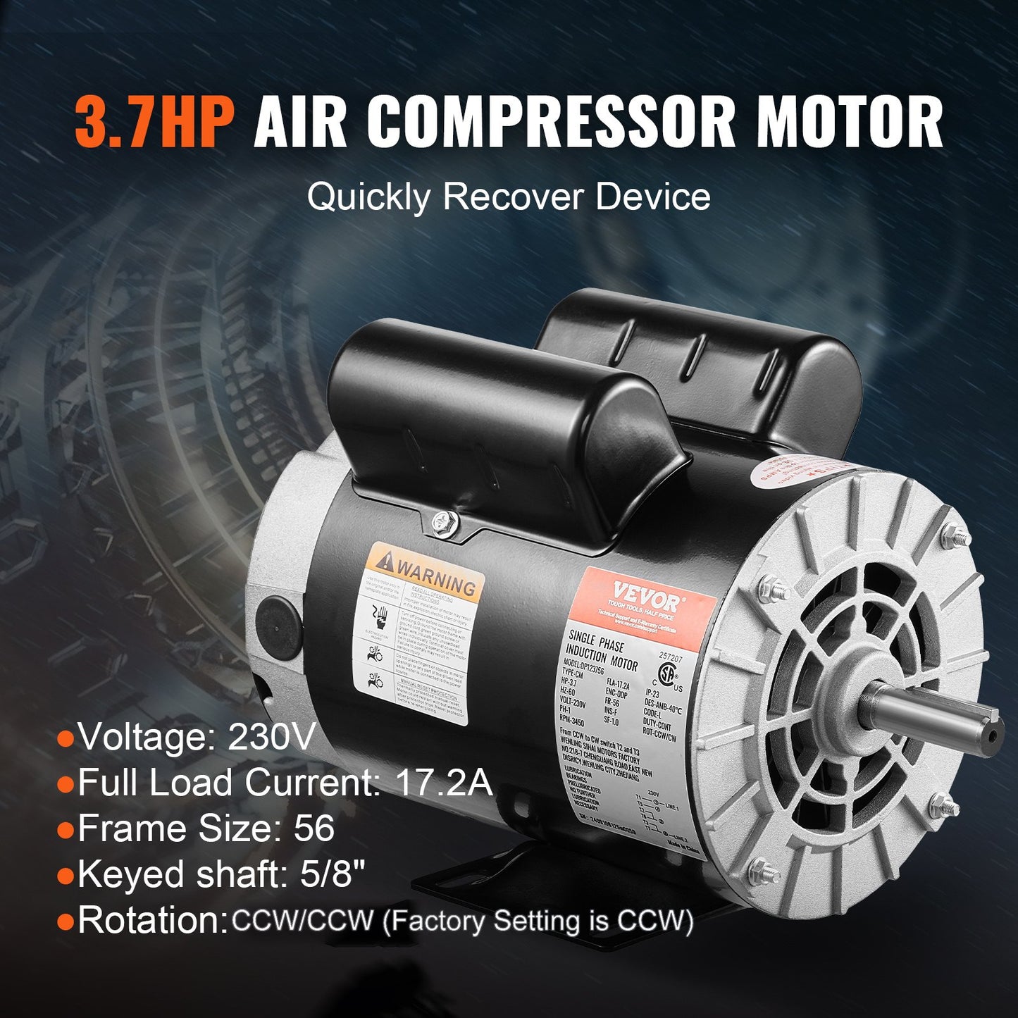 3.7HP Electric Air Compressor Motor 230V 56 Frame CW/CCW Rotation