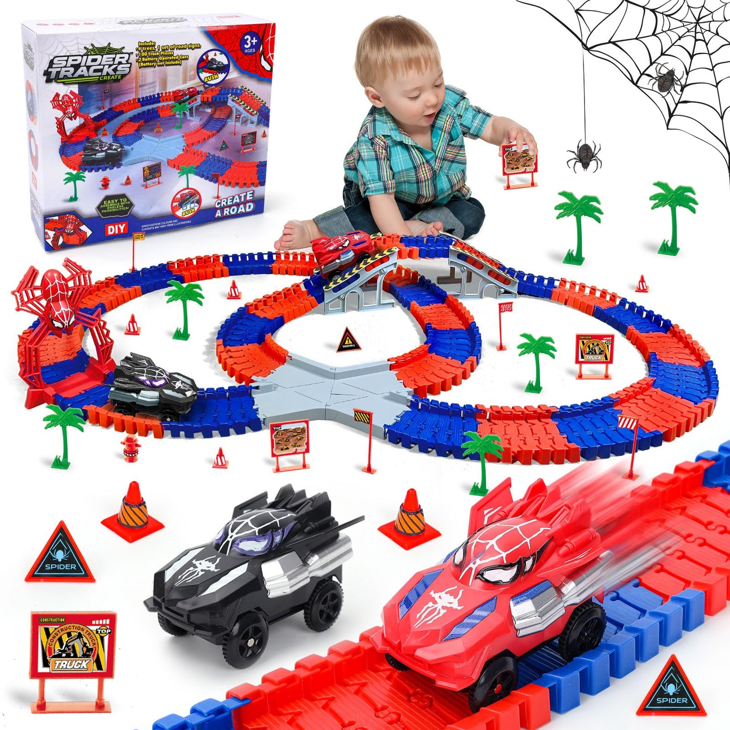 Spider-Themed Flexible Race Track Toy Set with Cars and Accessories - Creative Play