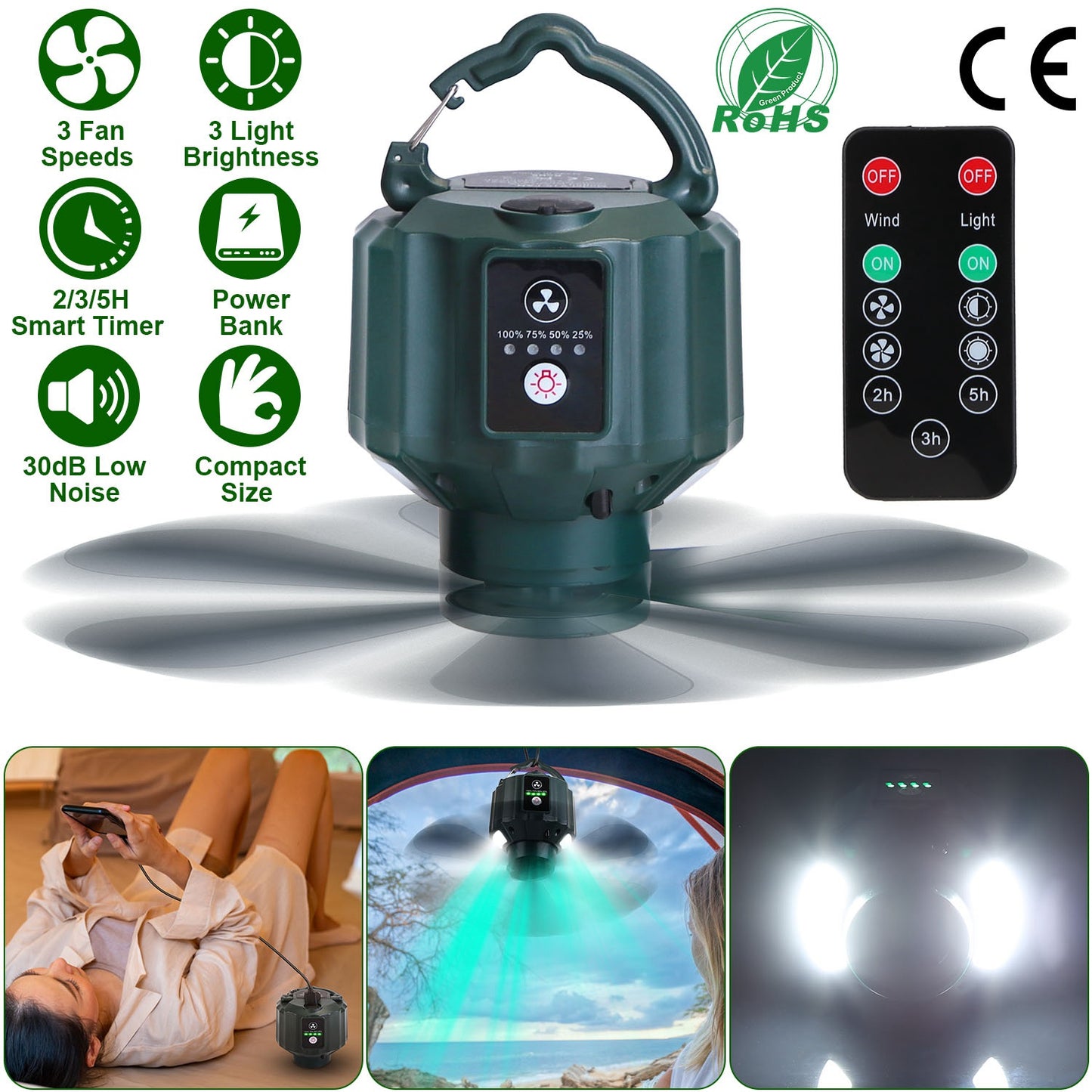 Portable Camping Ceiling LED Fan with Remote Control - 3-in-1 Lantern, Power Bank, Adjustable Speed & Brightness