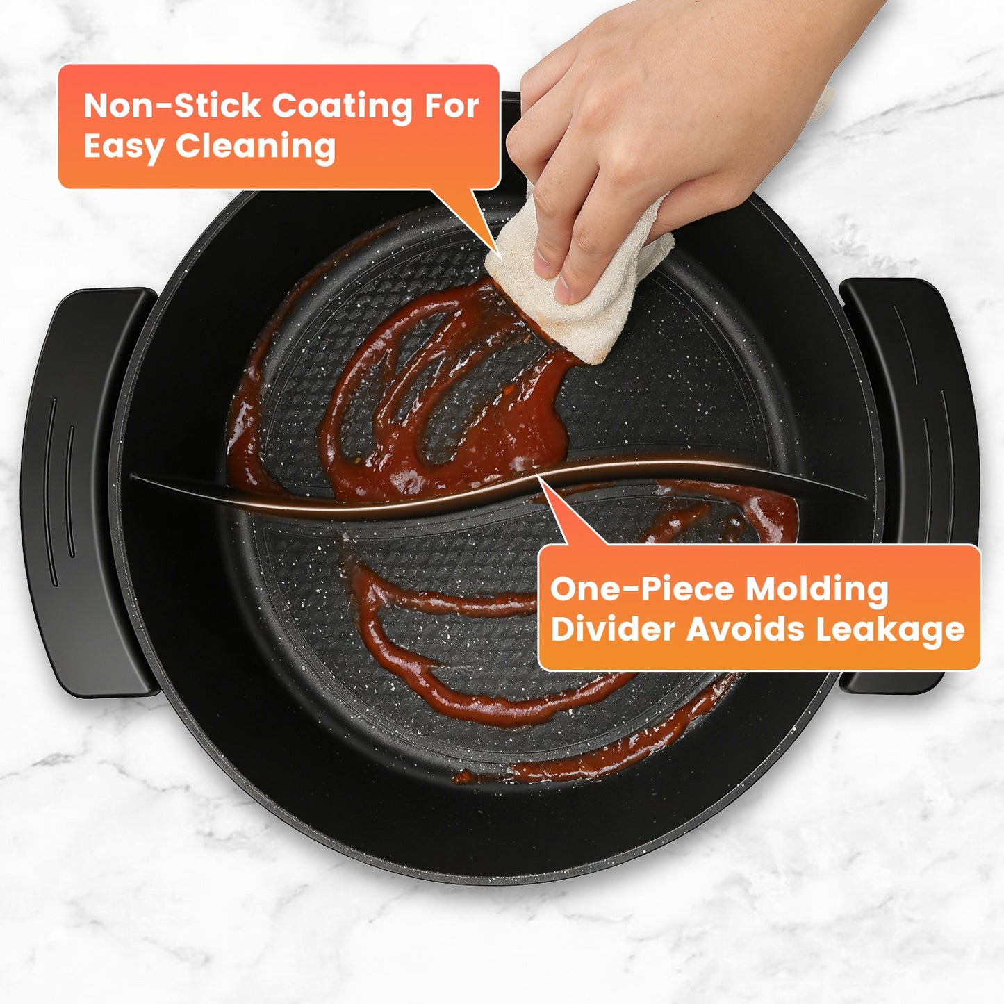 6L Electric Hot Pot with Divider, 1100W, 5-Temp Control, Non-Stick, Black