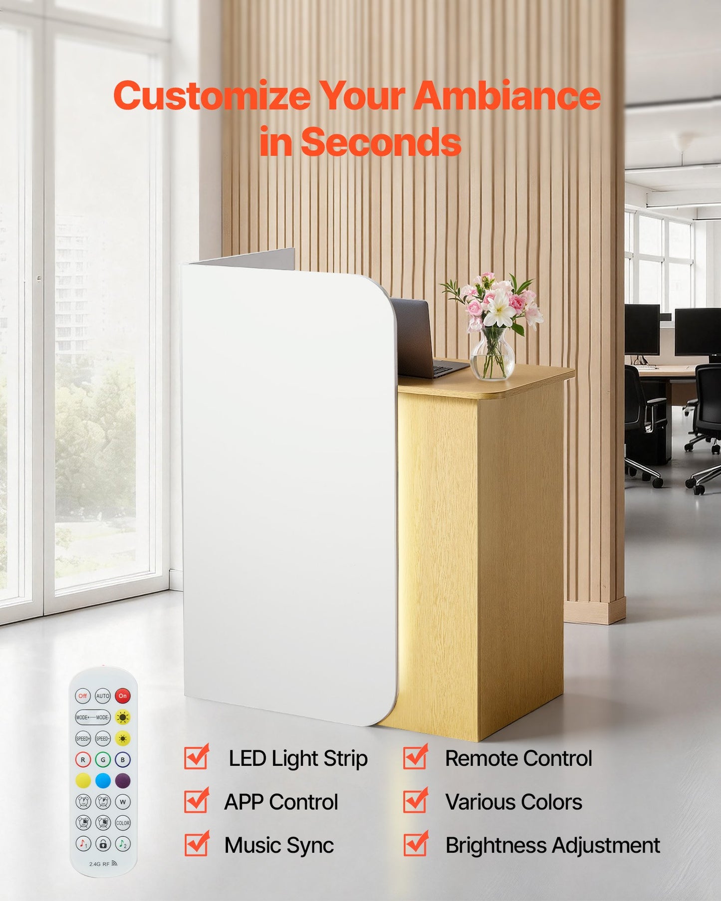 Reception Desk 31.5 Inch Modern Office Front Counter Table with LED Light and Storage - Black