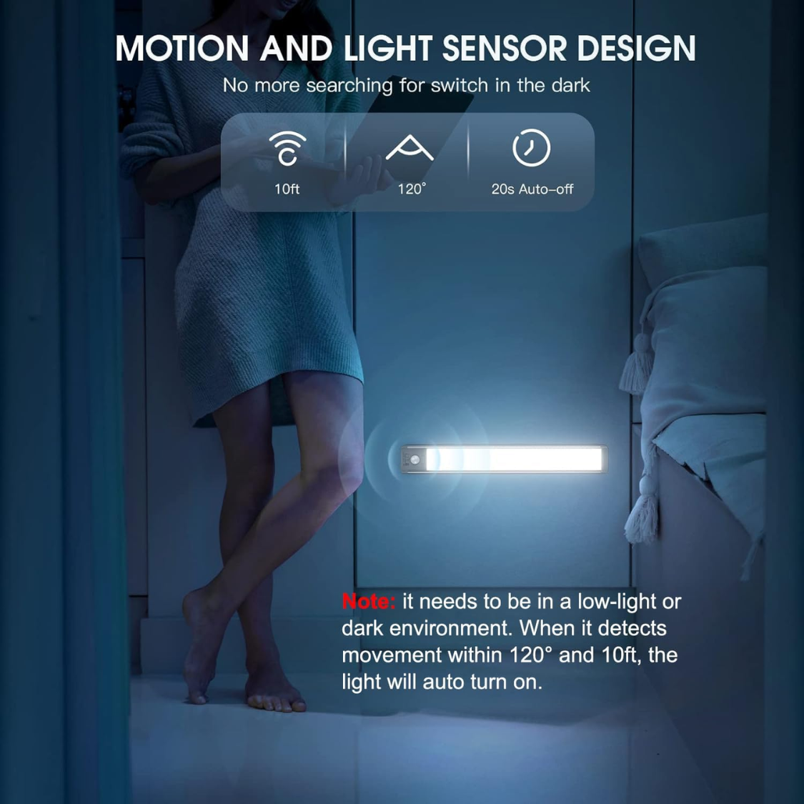 Rechargeable Motion Sensor Under Cabinet Lights 10 Inch, Dimmable & Wireless
