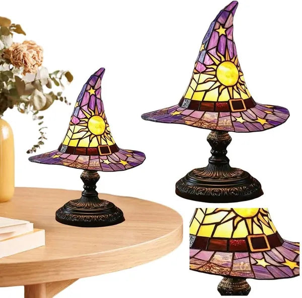 Handmade Gothic Witch Hat Night Light - Stained Glass LED Lamp
