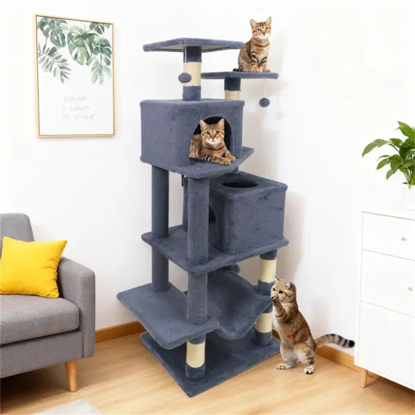 Multi-Level Cat Tree with Condos Hammock & Sisal Posts - Gray 57"