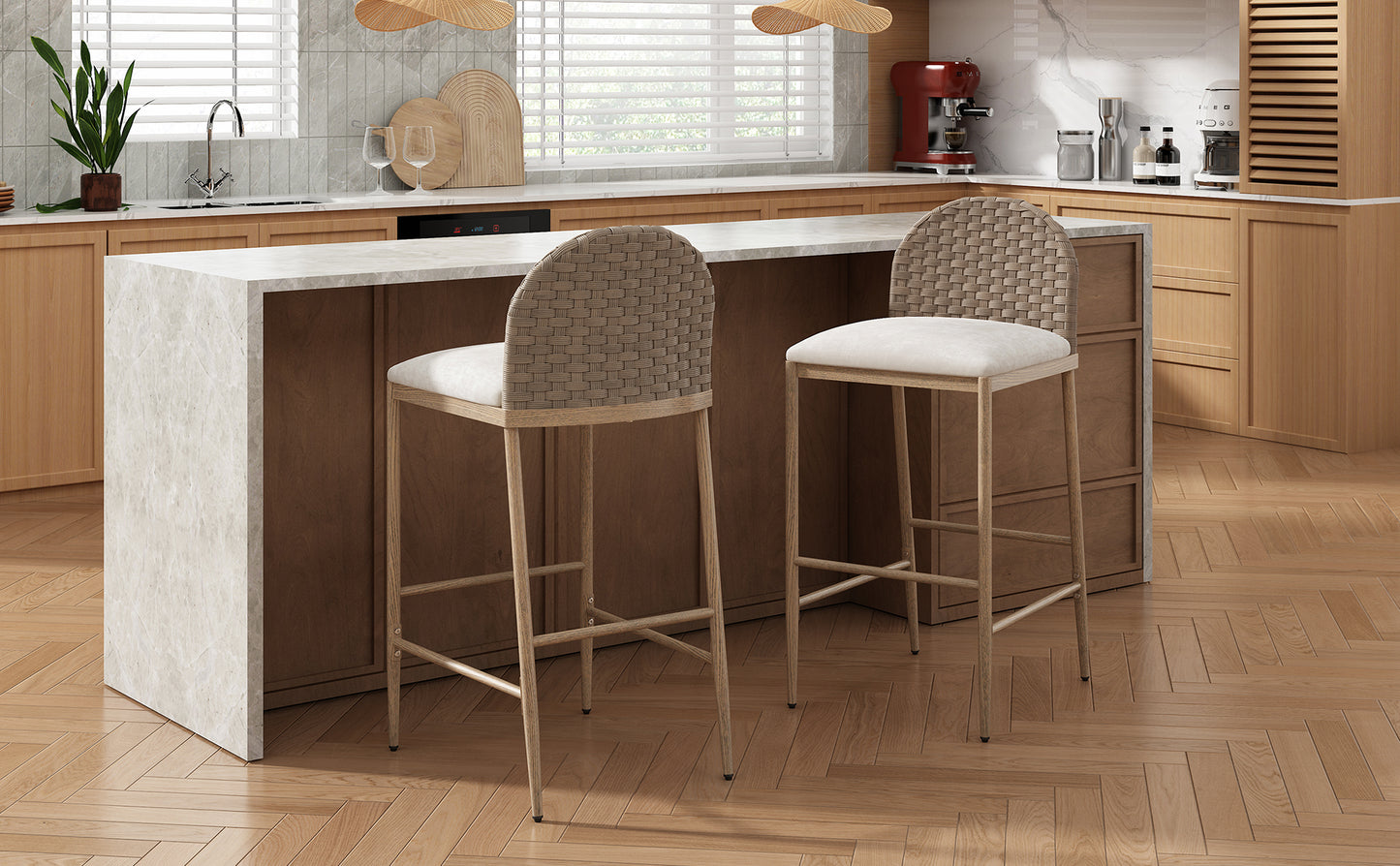 Farmhouse Barstools Set of 2 - Upholstered Iron Counter Stools with Rattan Backrest - Brown Beige