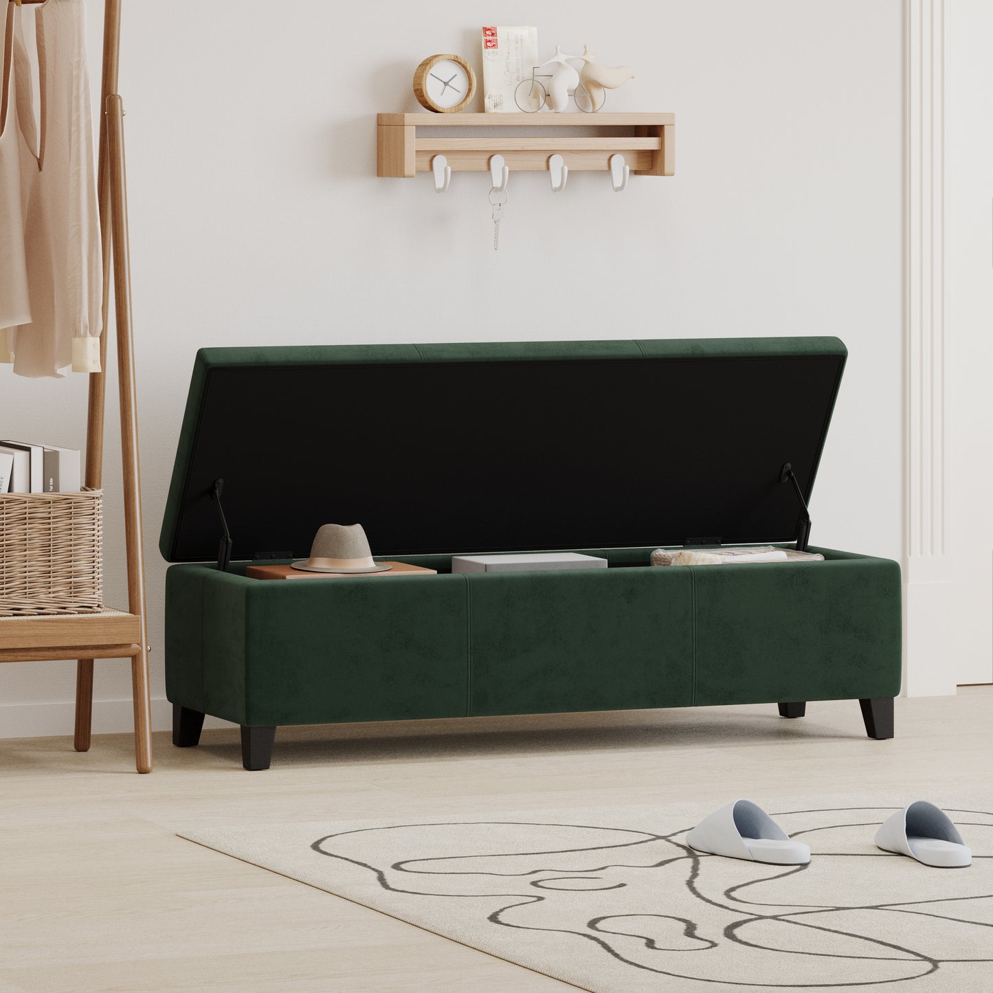 Forest Green Upholstered Storage Ottoman Bench - 51.25"L
