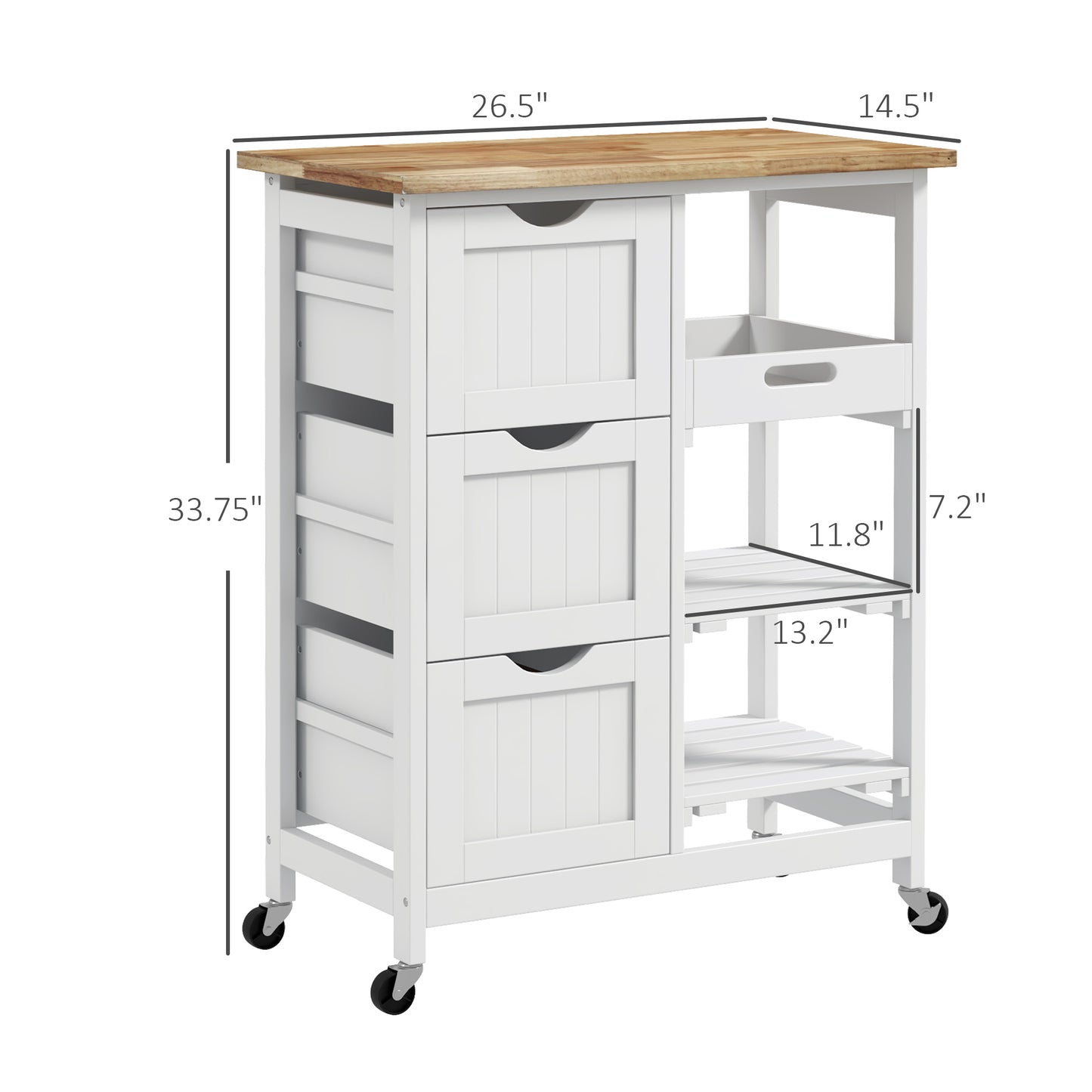 Rolling Kitchen Cart with Wood Top, Shelves & Drawers - White