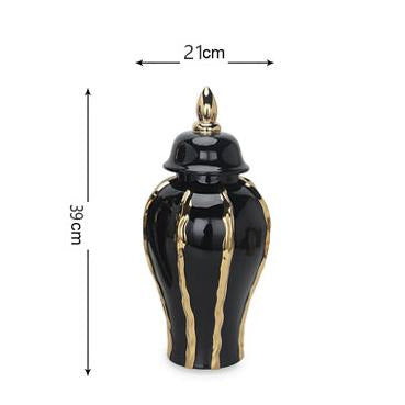 Ceramic Temple Jar Ornaments Set - Black and Gold Pattern Home Decor