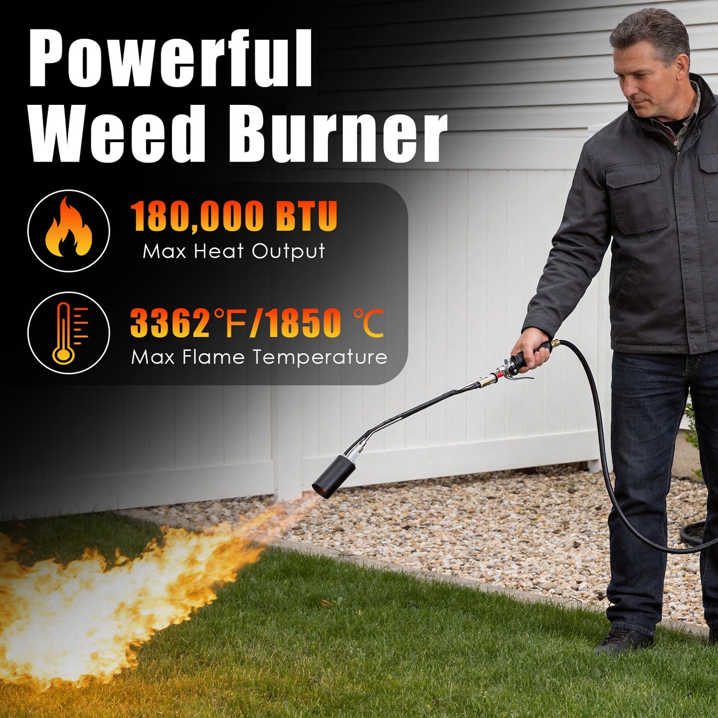 180,000 BTU Propane Weed Torch with 10ft Hose, Adjustable Flame, Fire Starter