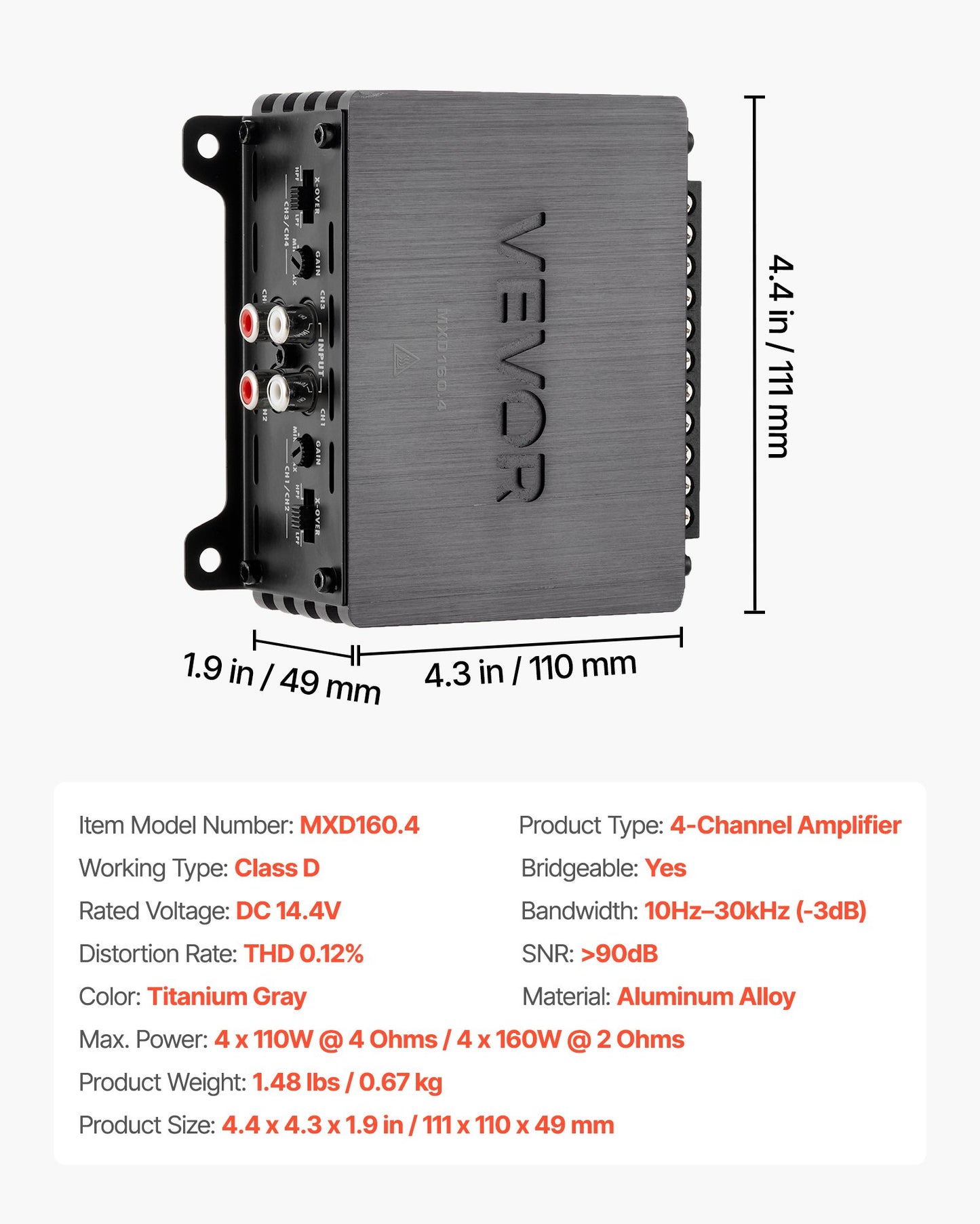 4 Channel Car Audio Amplifier 2 Ohm Stable Full Range Amp Max Power 110W-160W