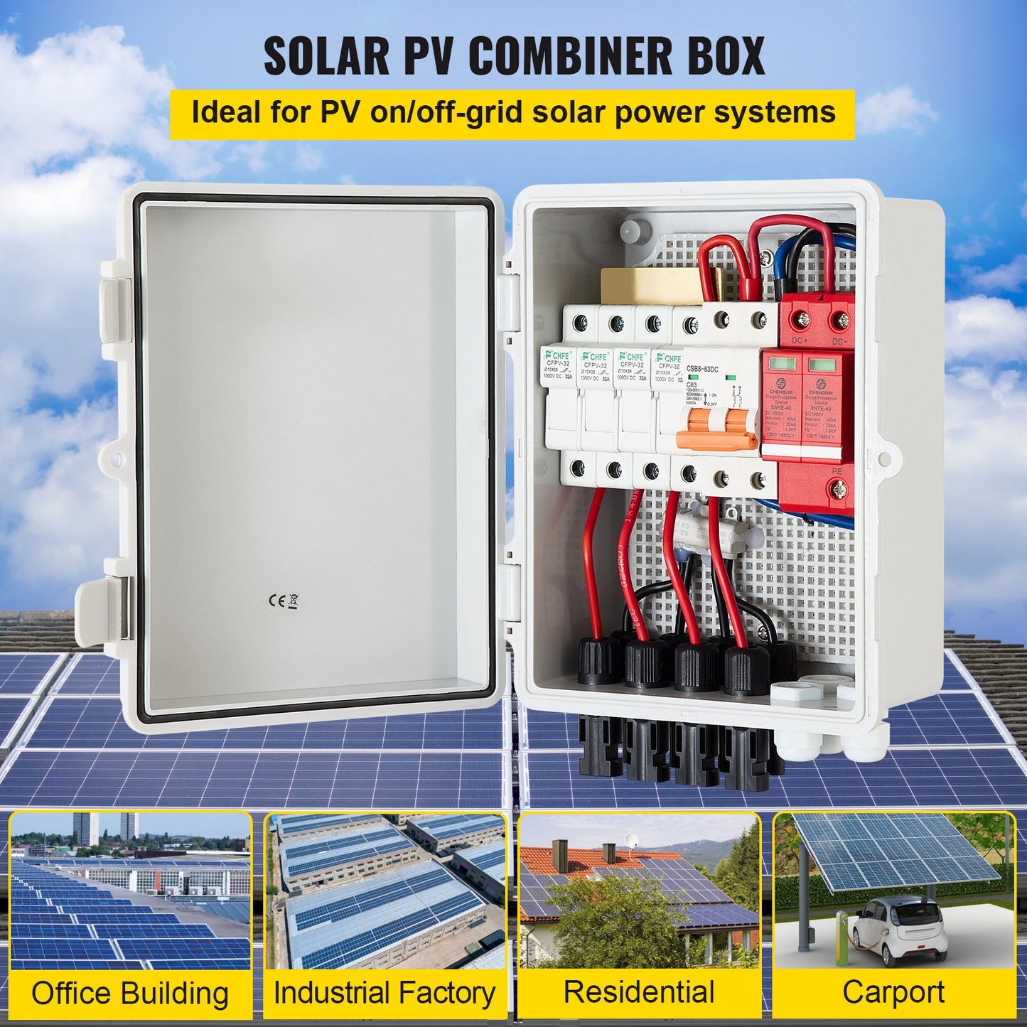 PV Combiner Box 4 String IP65 Waterproof Solar Panel Fuse Circuit Breaker Grey