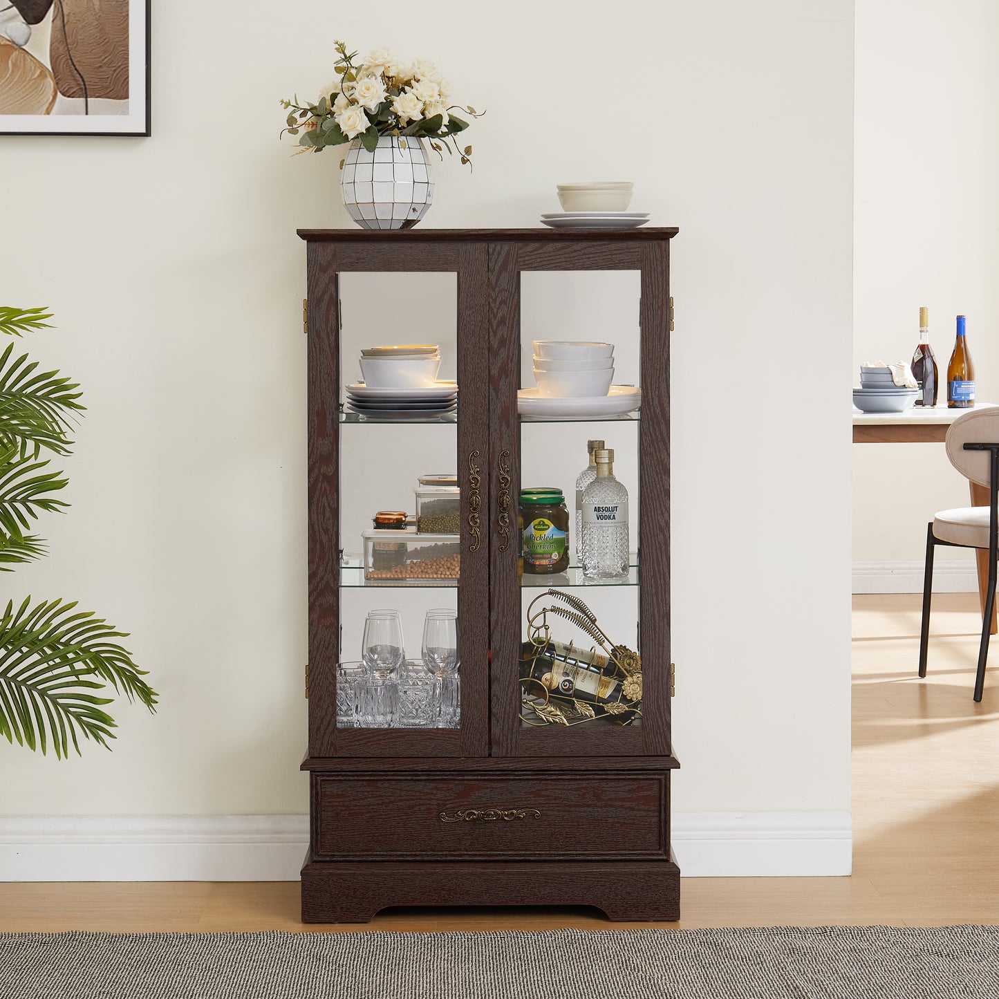 Lighted Glass Curio Cabinet with Adjustable Shelves & Drawer - Cherry