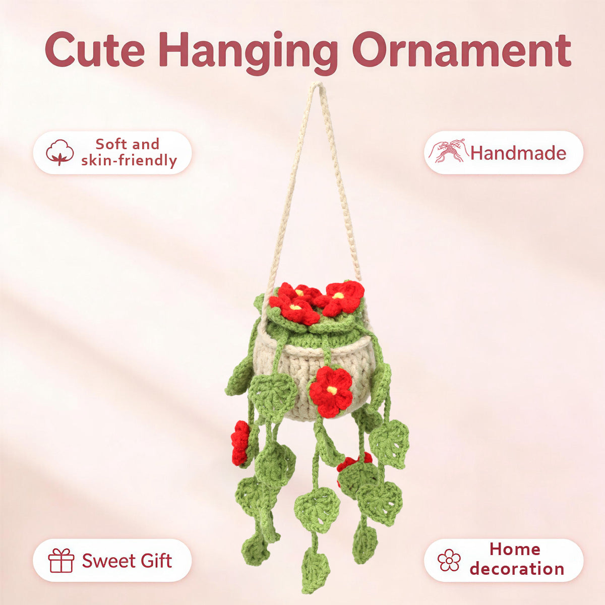 Handmade Crochet Hanging Potted Ornament with Red Blossoms & Green Vines - Indoor Home Decor