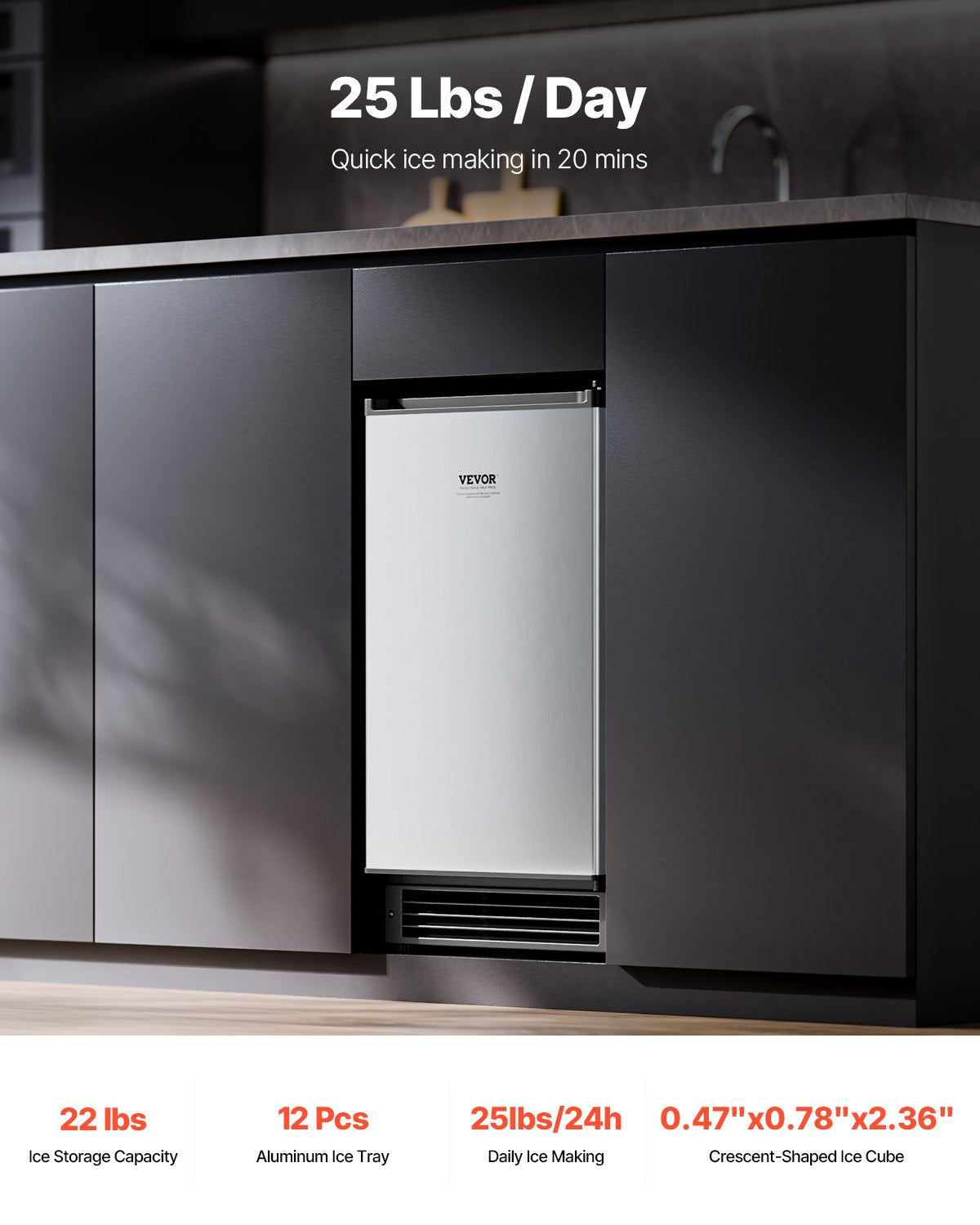 Undercounter Ice Maker 25 Lbs/Day Built-In Ice Machine with Reversible Door - Silver