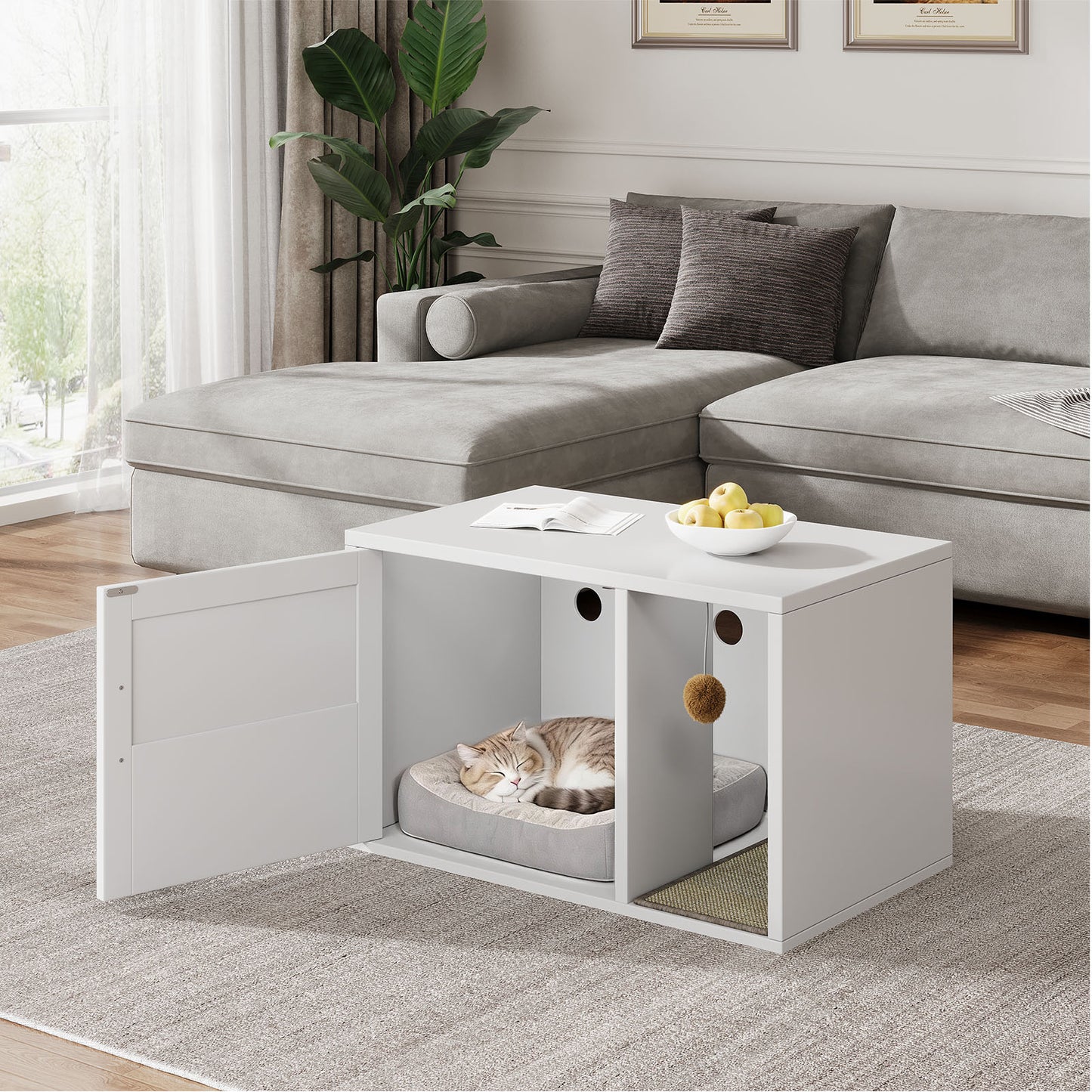 Multifunctional Cat Litter Box Cabinet with Odor Control & Side Table - White