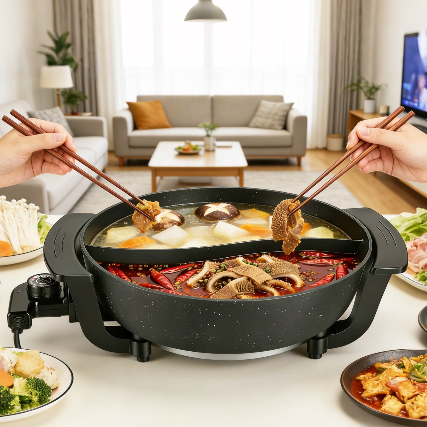 6L Electric Hot Pot with Divider, 1100W, 5-Temp Control, Non-Stick, Black