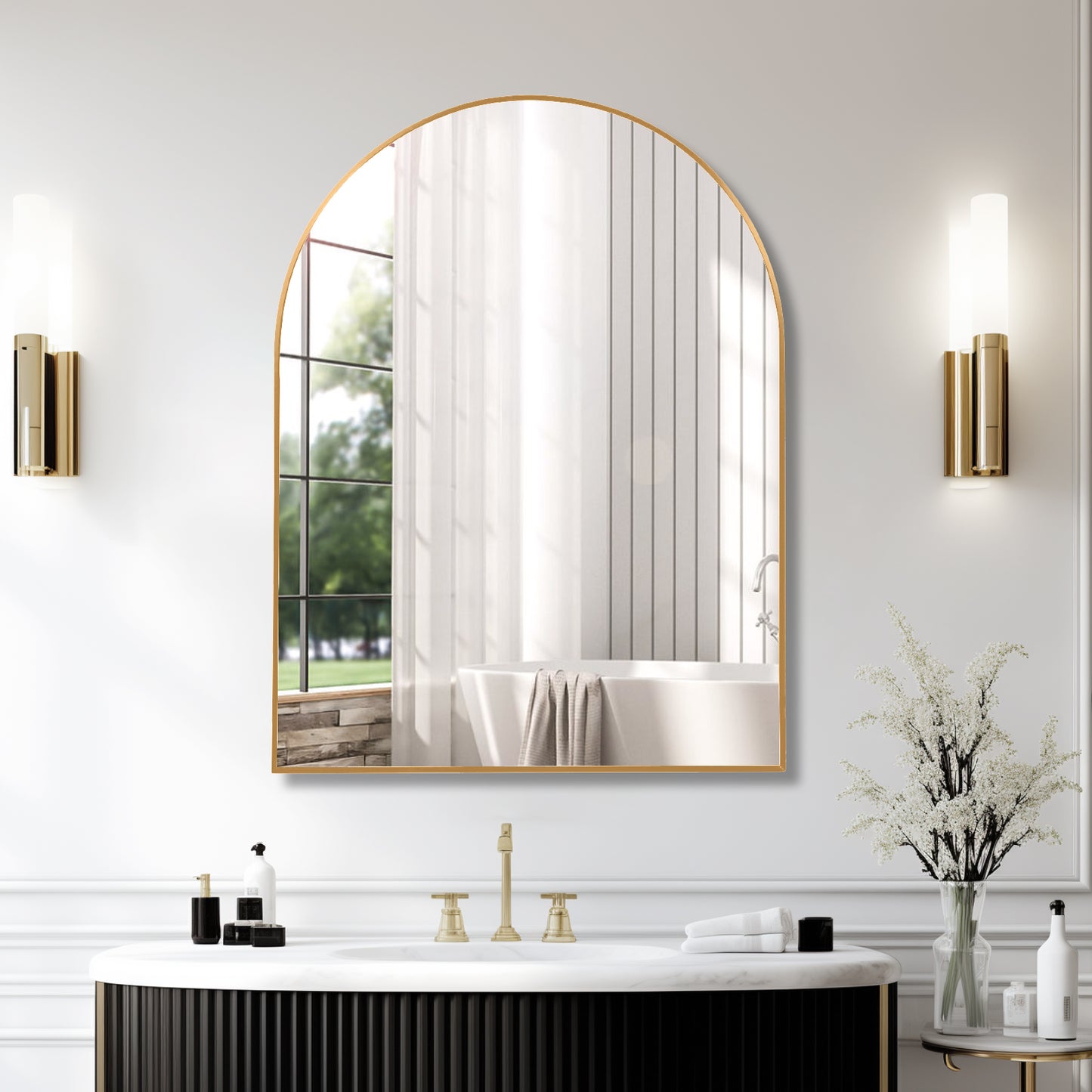 30x40 Inch Gold Metal Framed Arched Bathroom Mirror
