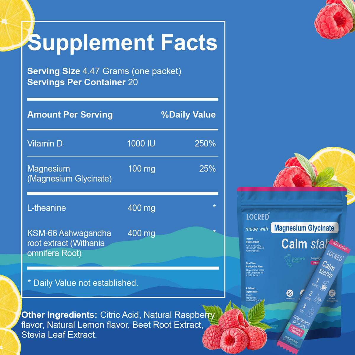 Magnesium Glycinate Powder Drink Mix - Raspberry Lemon, 20 Packets