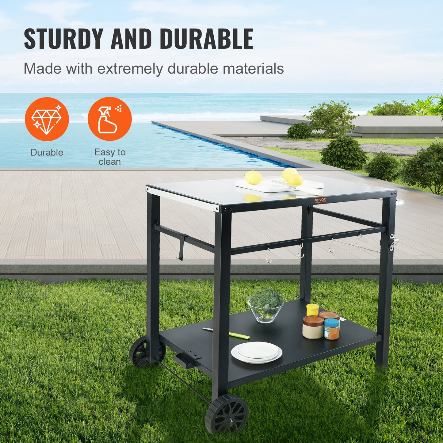Portable BBQ Food Prep Table with Double Shelves - Black