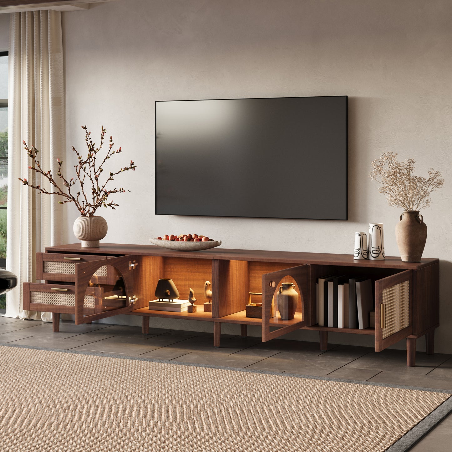 86 Inch TV Stand with App Controlled LED Lights - Dark Brown