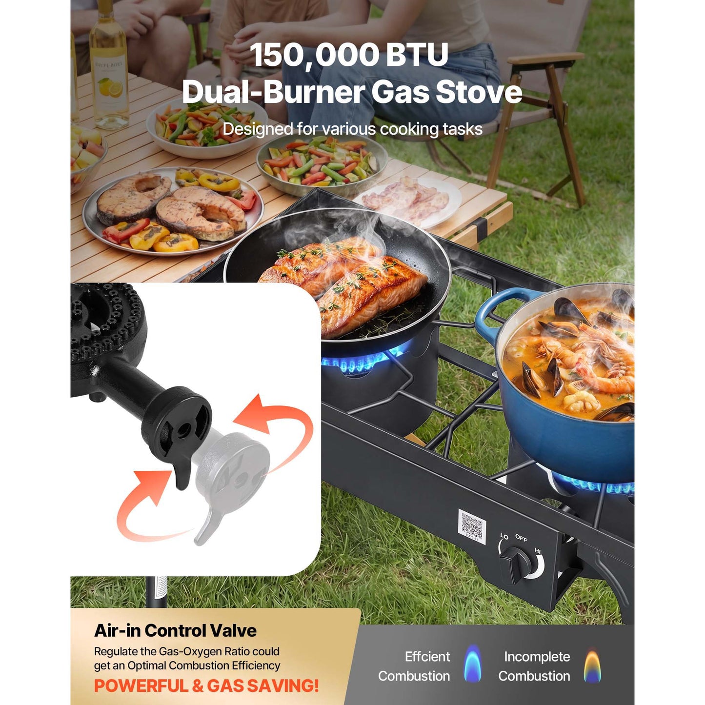 Outdoor Propane Gas Stove 2 Burners 150,000 BTU Camping BBQ Cooker with Wheels & Regulator