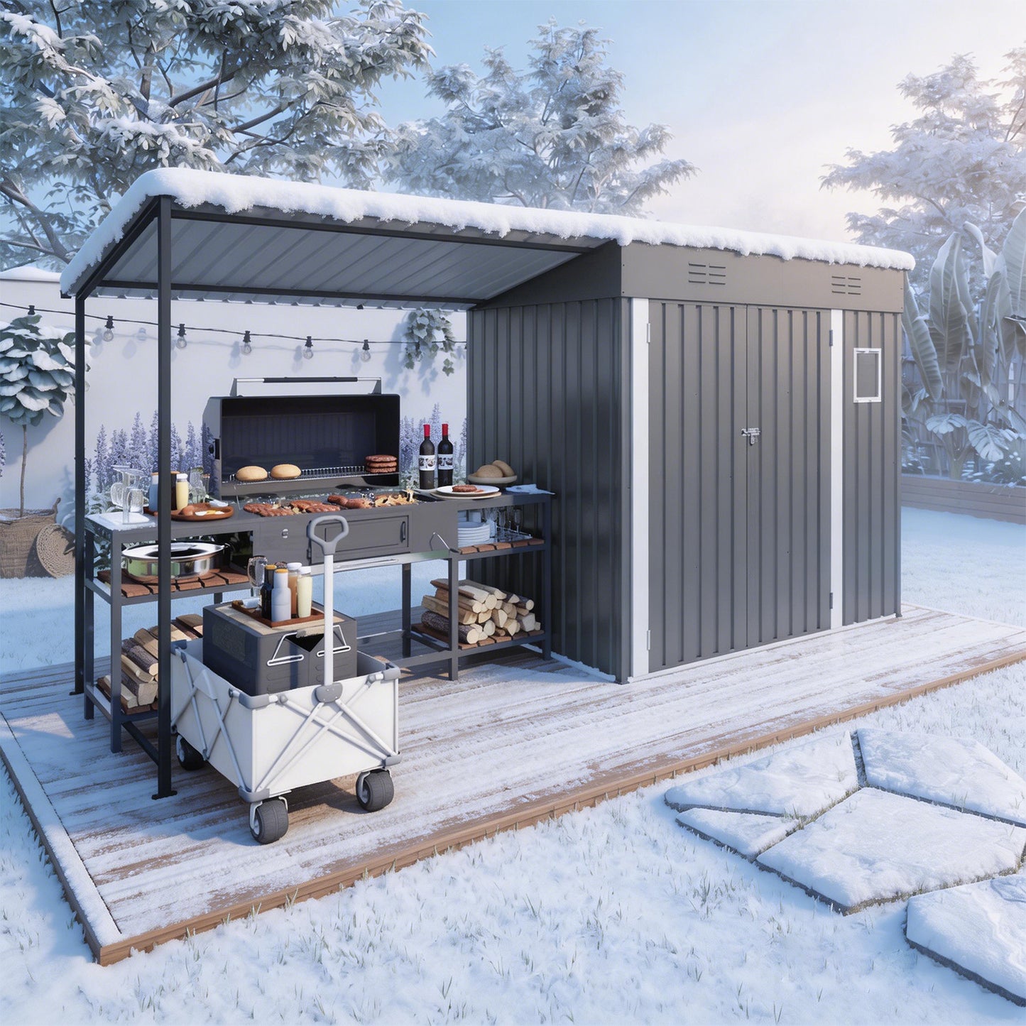 12x4ft Metal Lean To Shed With Open-Sided Pergola , 4'x6' Outdoor