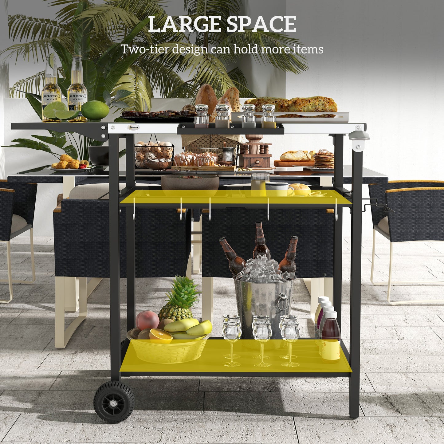 2-Tier Outdoor Bar Cart with Stainless Steel Top - Black