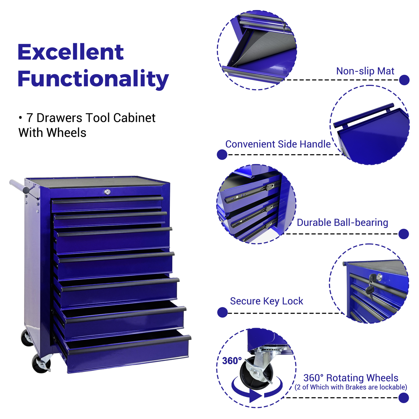 7-Drawer Metal Tool Storage Cabinet with Wheels and Detachable Top - Purple