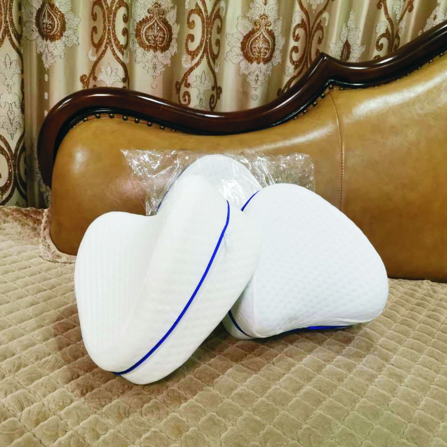 Memory Foam Leg Pillow - Heart Shape, Adjustable Height, Blue