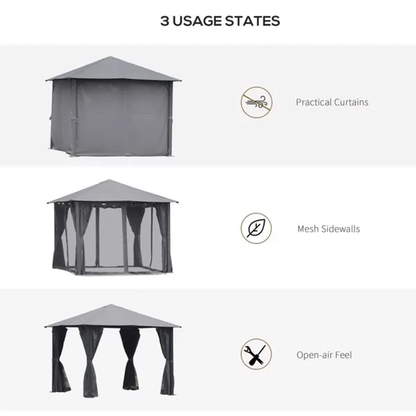 10ft x 10ft Patio Gazebo - Black & Grey Outdoor Canopy with Mesh Netting